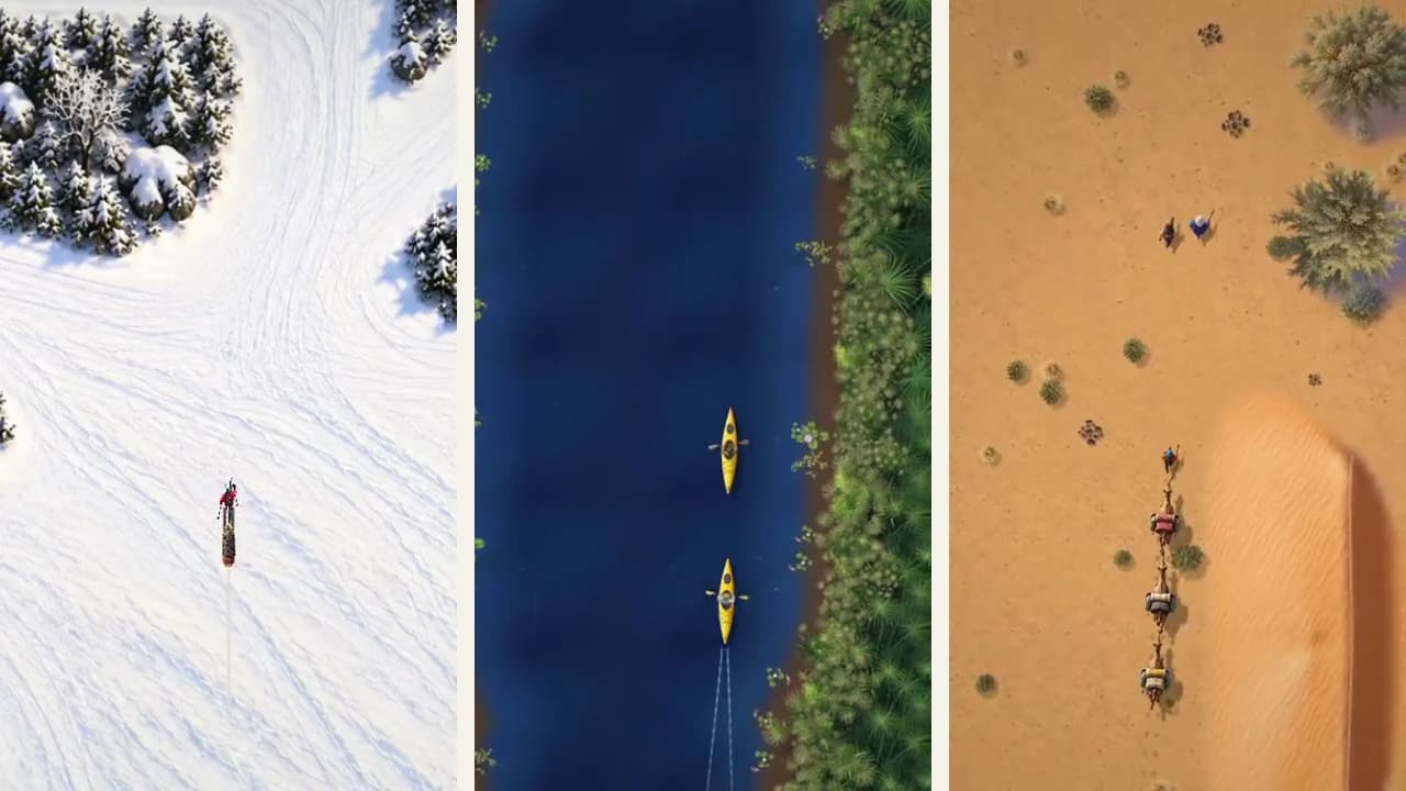 Three Atlas51 games: skiing through Norway, kayaking the Okavango and walking a Sahara camel caravan.