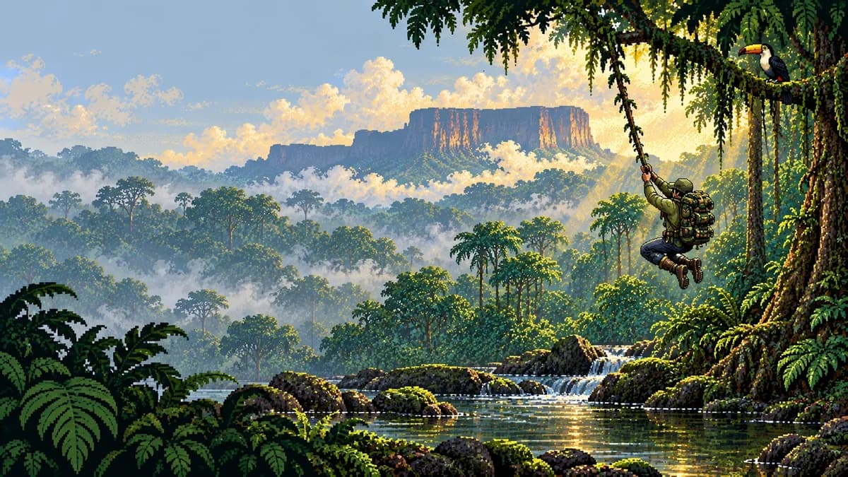 Painted rainforest and the flat-topped Wokomung massif in Guyana.
