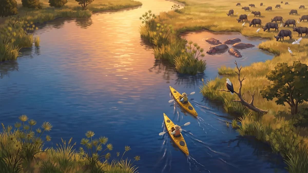 Painted kayaks following a winding channel through the Okavango Delta.