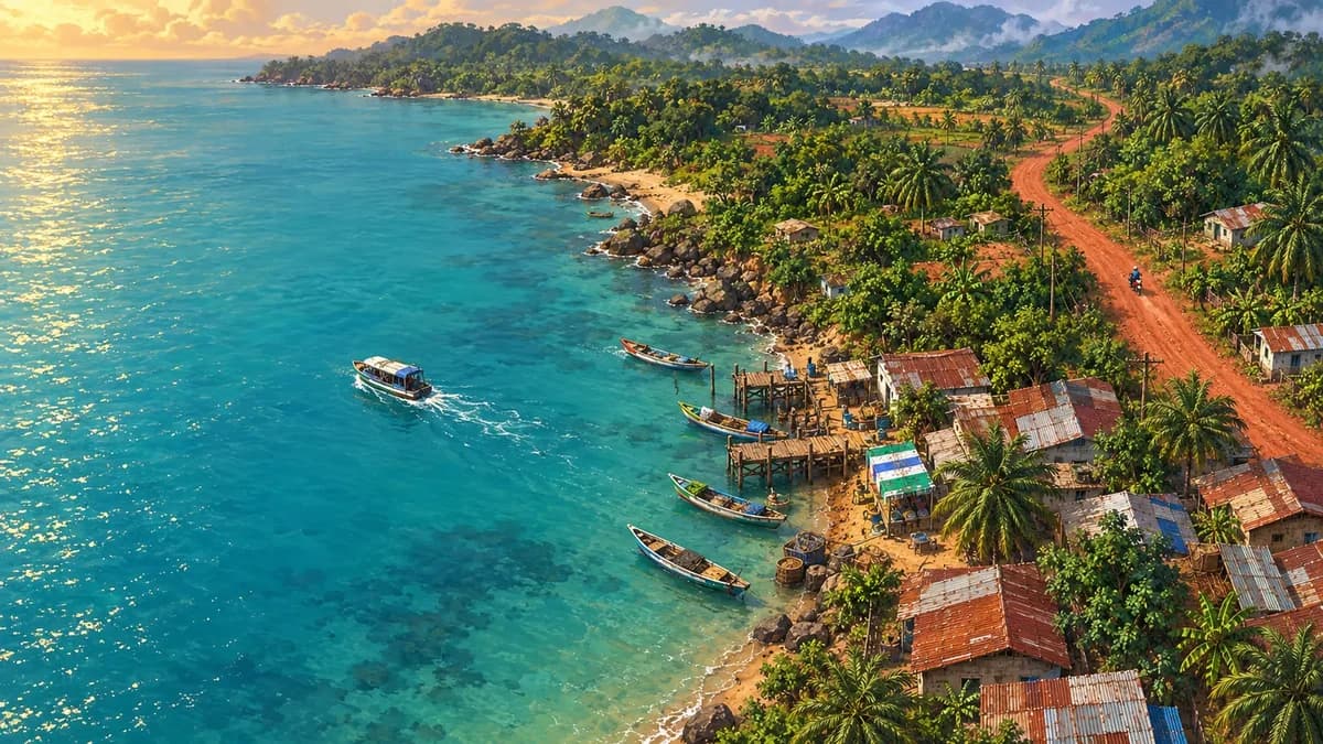 Painted Sierra Leone coastline, with roads and waterways leading inland.