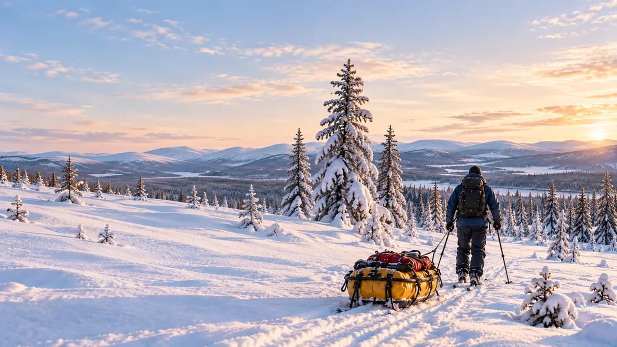 Painted skier hauling a pulk through a snowy Norwegian forest.