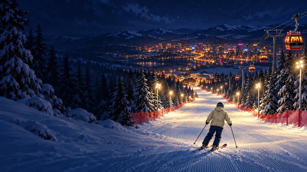 Painted skier descending a floodlit snowy slope in Xinjiang.