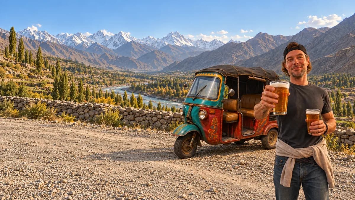 Painted tuk-tuk and Tommy overlooking the mountains of Hunza.