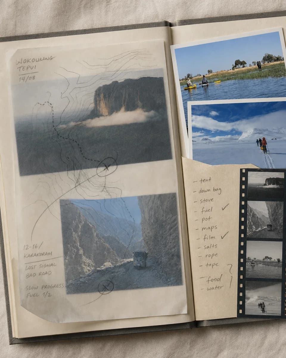 An open travel book on linen, with translucent vellum, map marks, picture prints, a checklist and a strip of film.