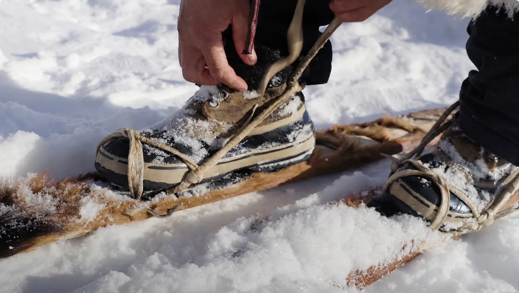 A hand pulls a hide strap tight over a laced winter boot on a fur-covered wooden ski in snow, a second bound boot alongside.