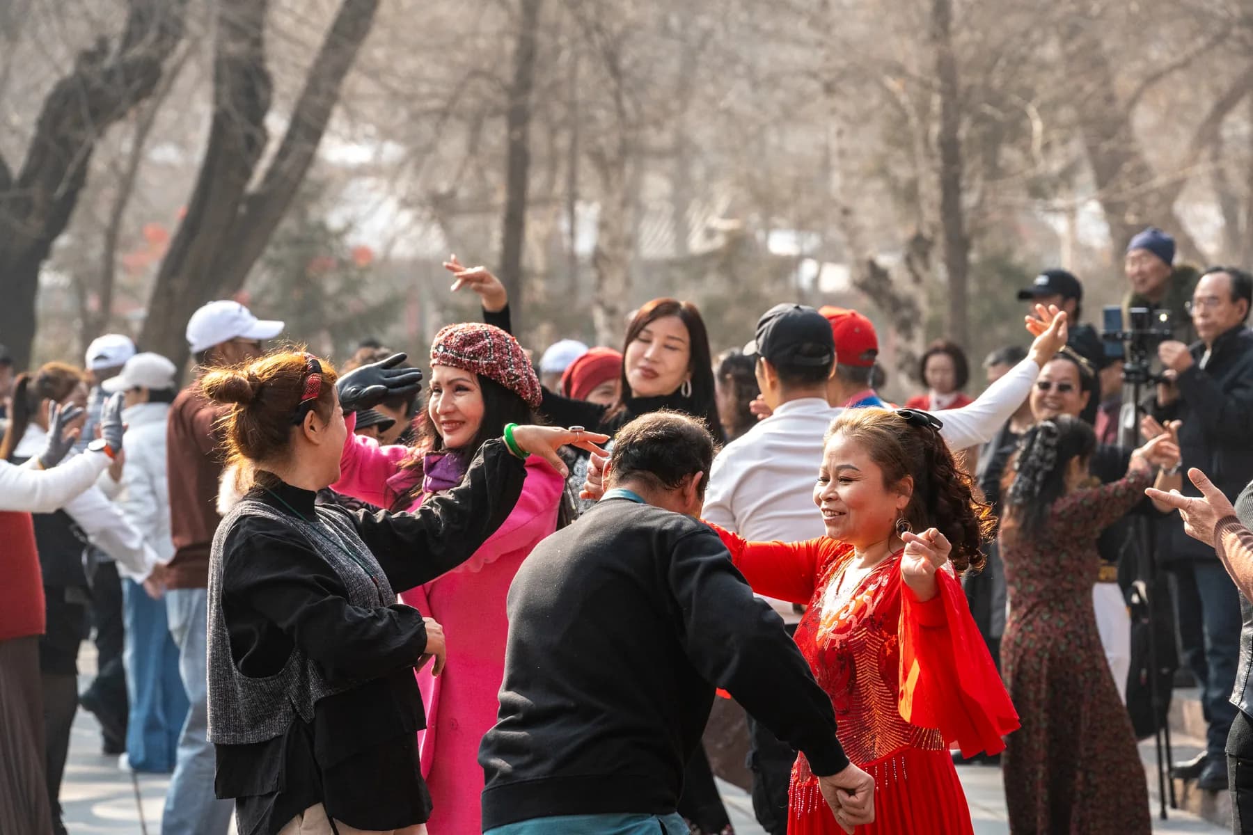 People dance together in a park while others watch nearby.