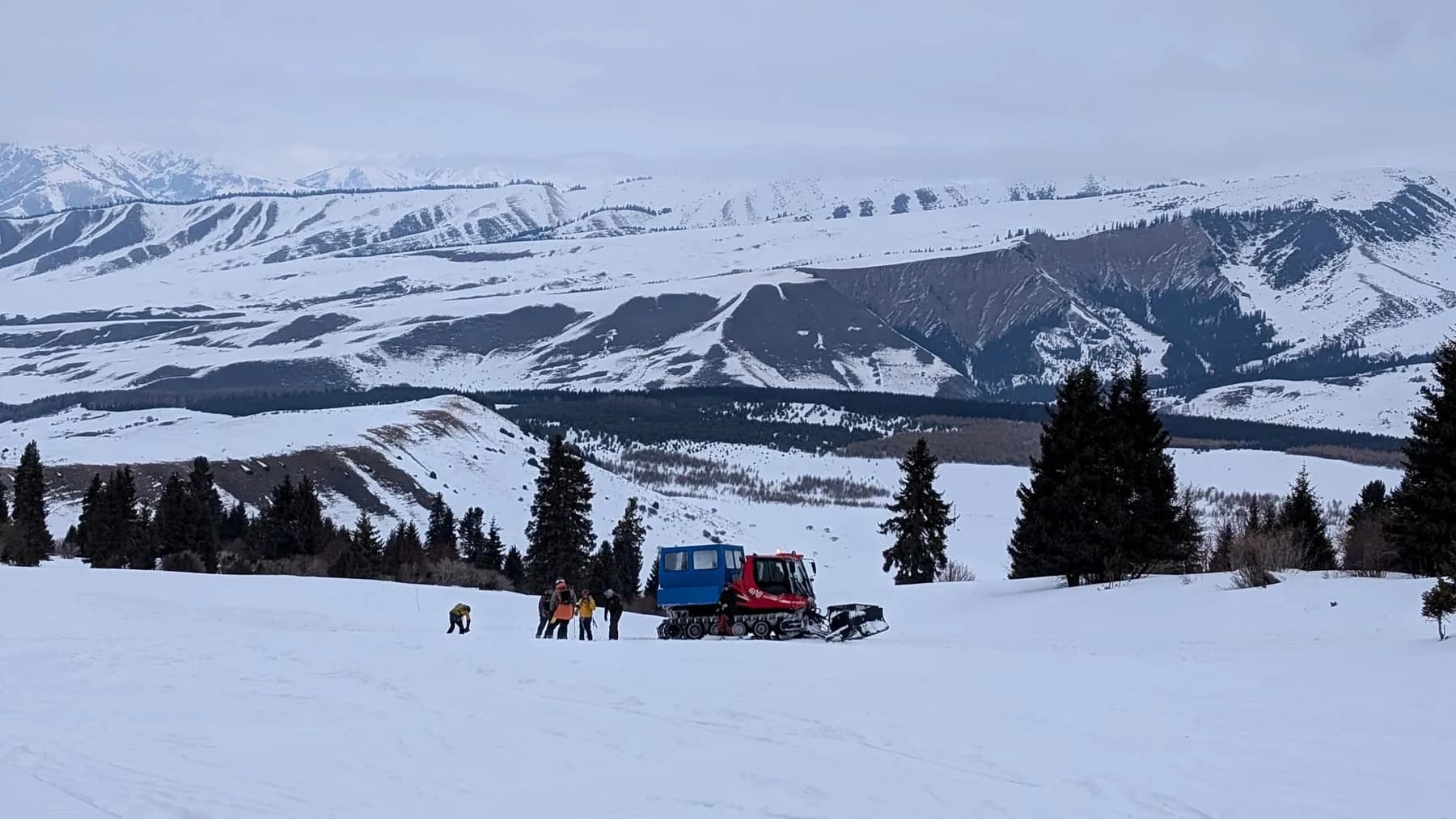 A tracked snowcat with a blue passenger cabin and a red cab stands on an open snow slope with four or five people in ski clothing beside it, spruce below and a long snow-covered range behind.
