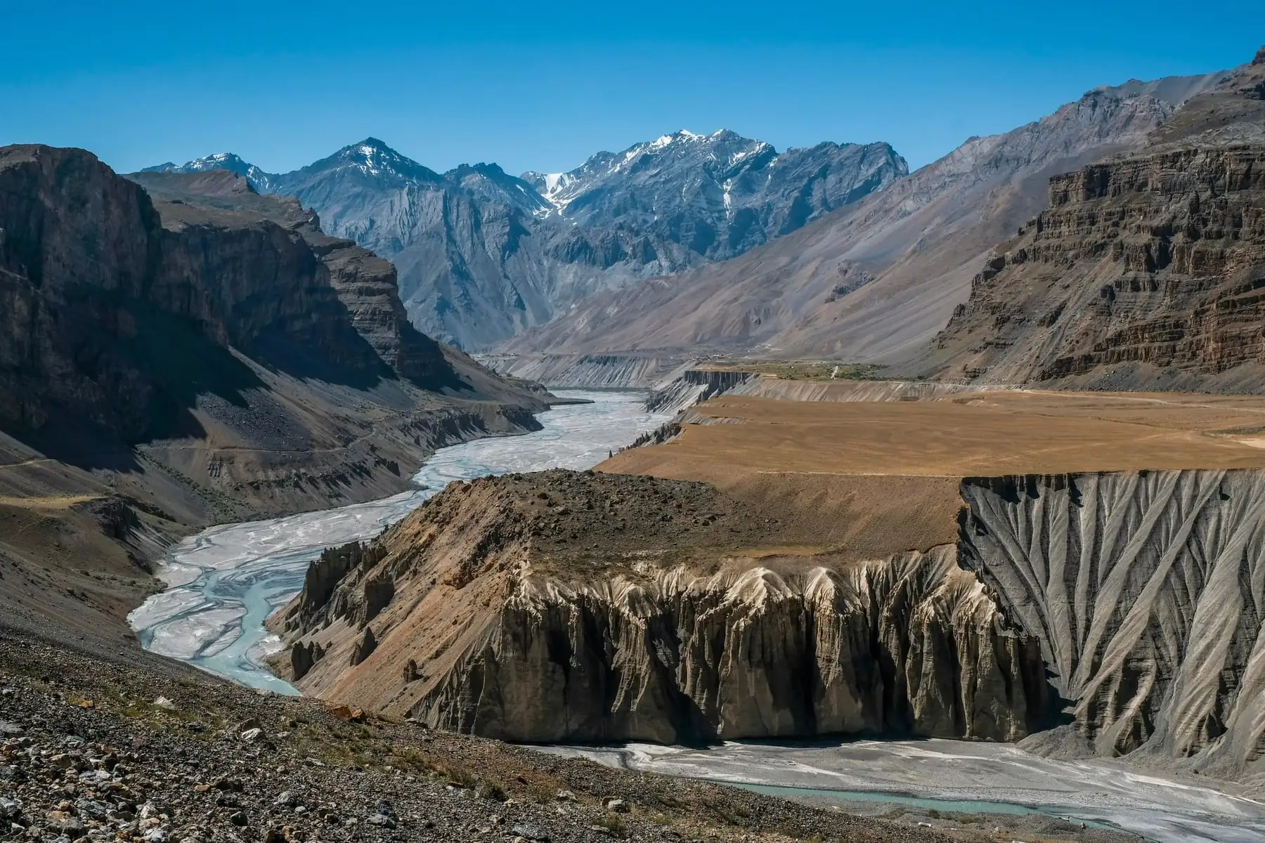 A pale braided river winds through a deep valley between eroded cliffs, with a flat farmed terrace above the river and snow-covered peaks at the head of the valley.