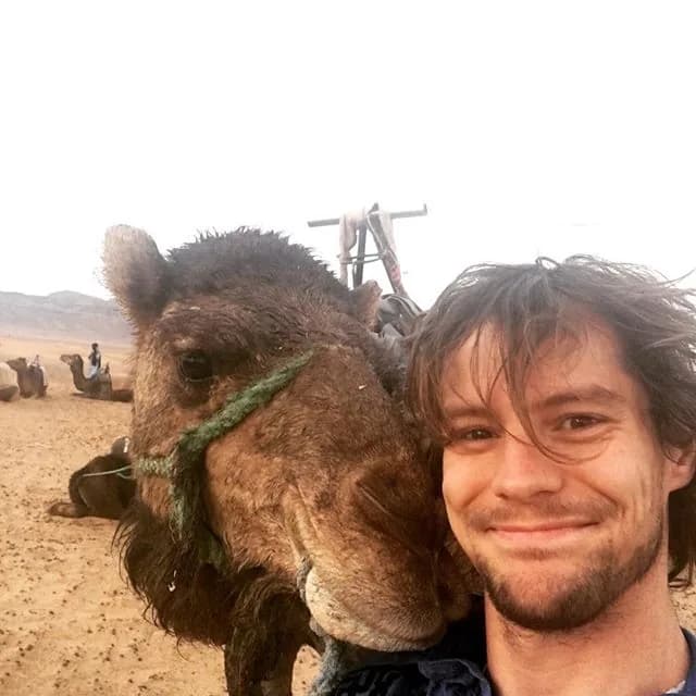 A man smiles close to the camera beside the face of a bridled camel, with other camels and a handler resting on sand in the background.