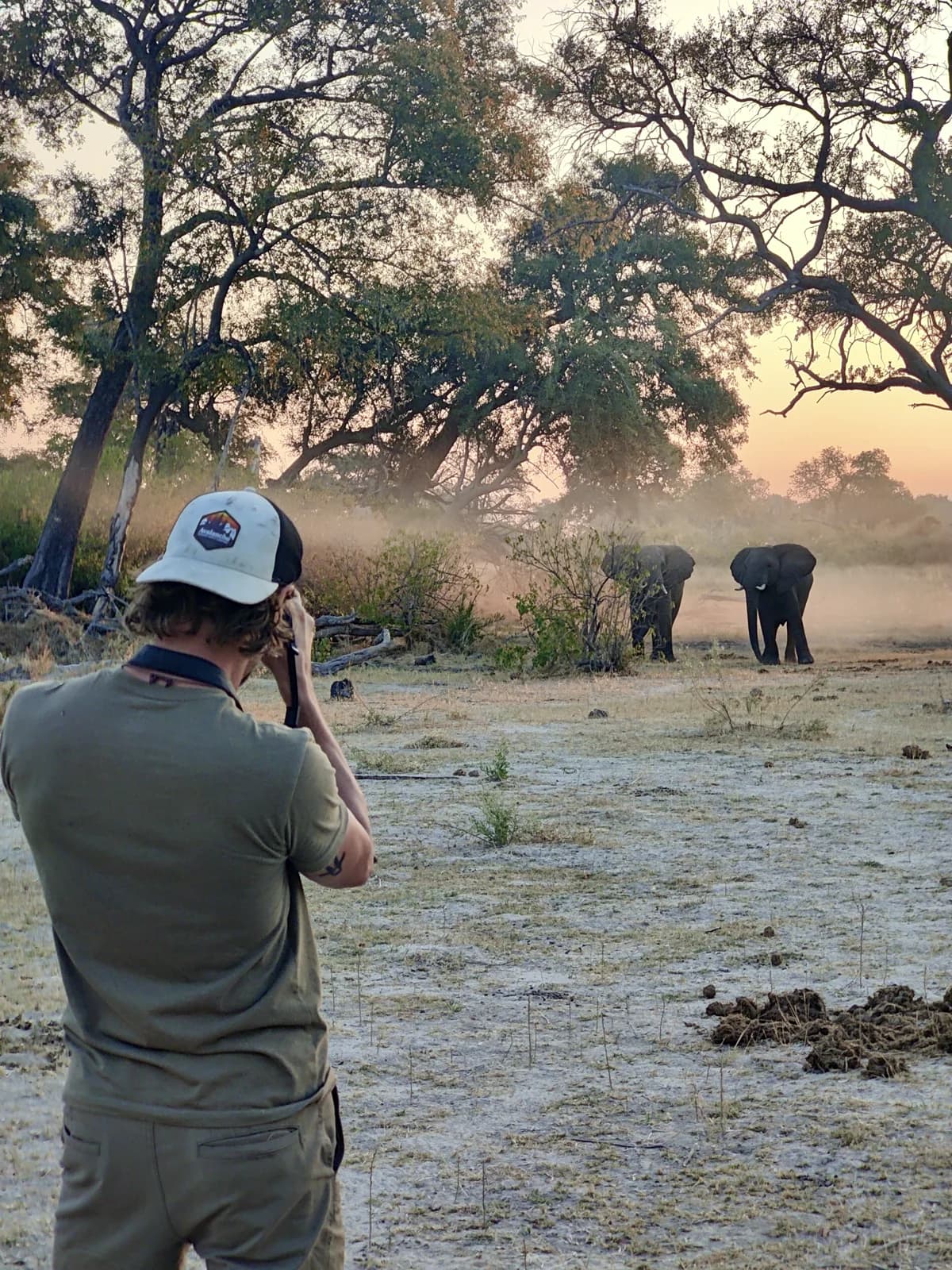 A traveller photographing elephants at a shallow, sandy water edge.