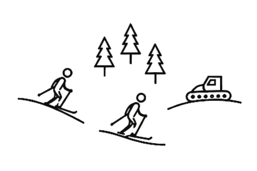 Single-line illustration of skiers descending remote mountain snow above a forest.