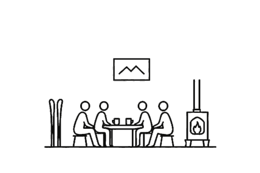 Single-line illustration of adults sharing stories around a table in a mountain hut.