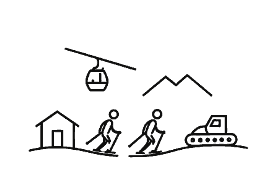 Single-line illustration of skiers with equipment beside a mountain lift and snowcat.