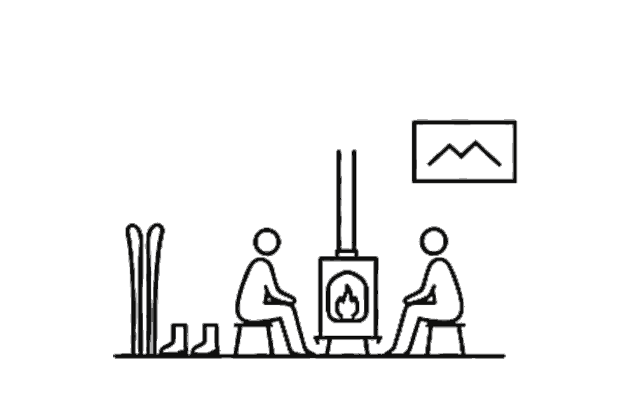 Single-line illustration of ski boots and adults warming beside a wood-burning stove.