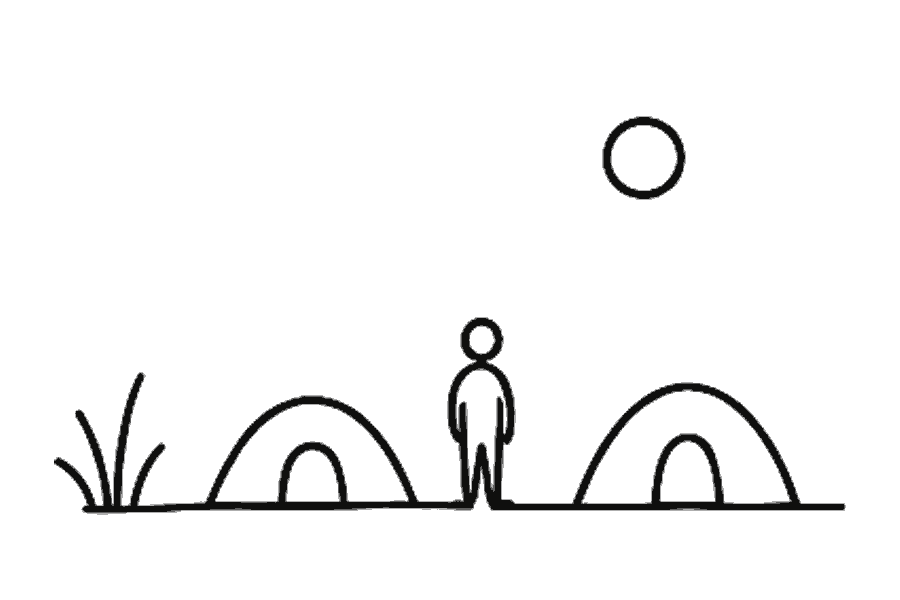 Single-line illustration of two tents and a camper beneath a low sun.