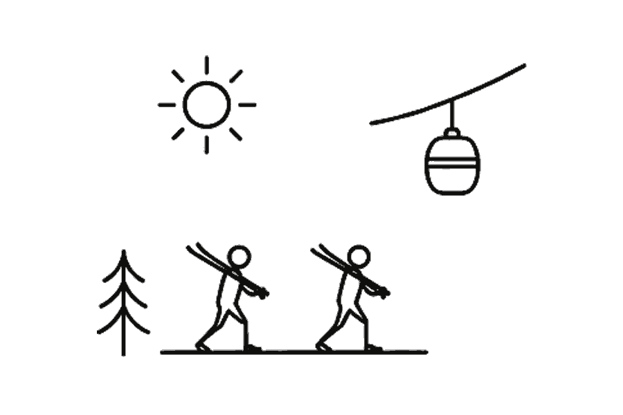 Single-line illustration of adults carrying ski equipment towards mountain lifts.