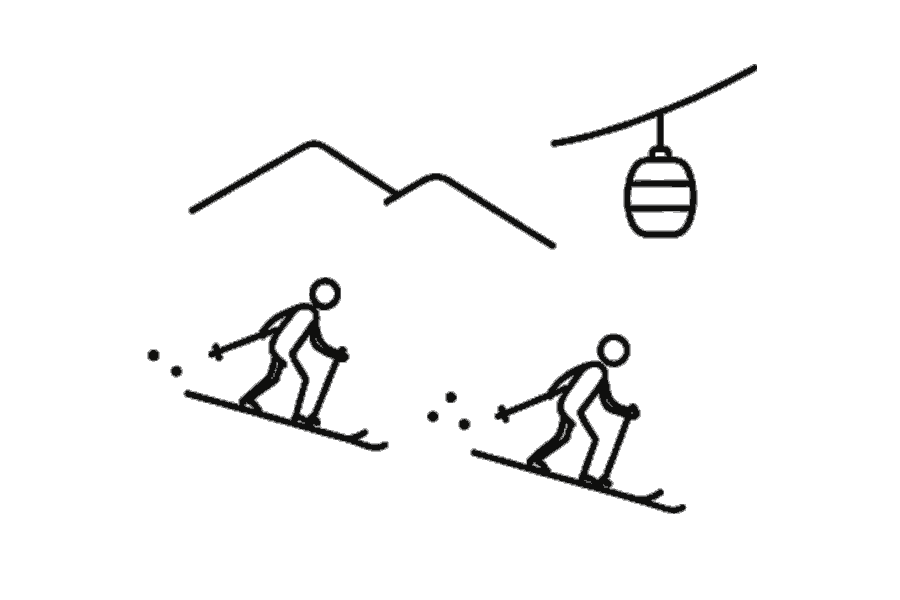 Single-line illustration of skiers descending beneath a mountain gondola.