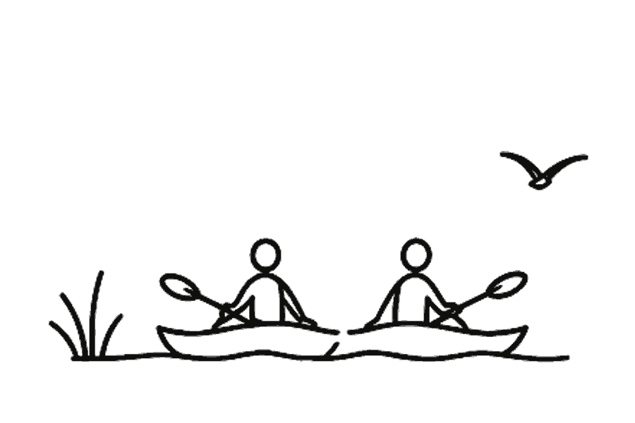 Single-line illustration of two adults in a tandem kayak drifting past reeds with a bird above.