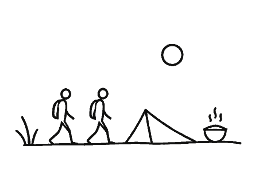 Single-line illustration of two people taking a dawn walk beside a low river camp.