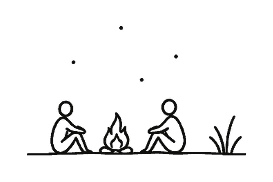 Single-line illustration of two people beside a small fire under four stars.