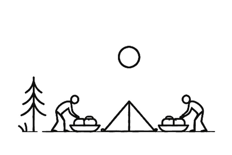Single-line illustration of adults packing pulks beside winter tents.
