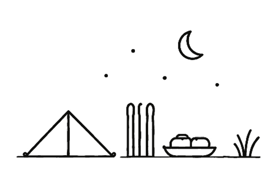 Single-line illustration of a winter expedition tent beneath a starry sky.