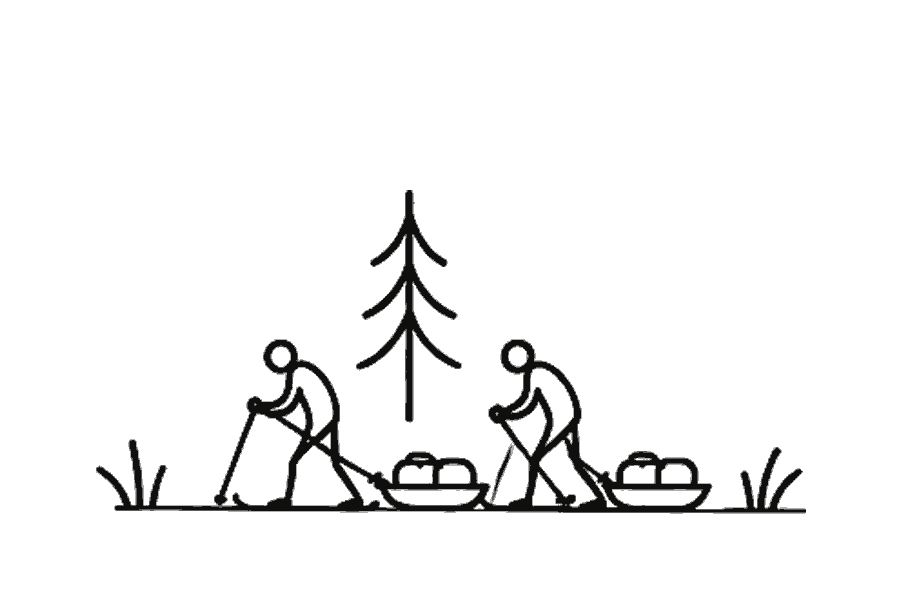 Single-line illustration of adults skiing across snow while pulling pulks.