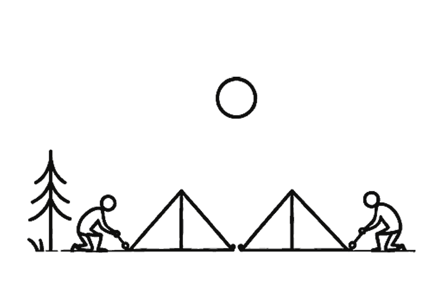 Single-line illustration of adults securing expedition tents in deep snow.