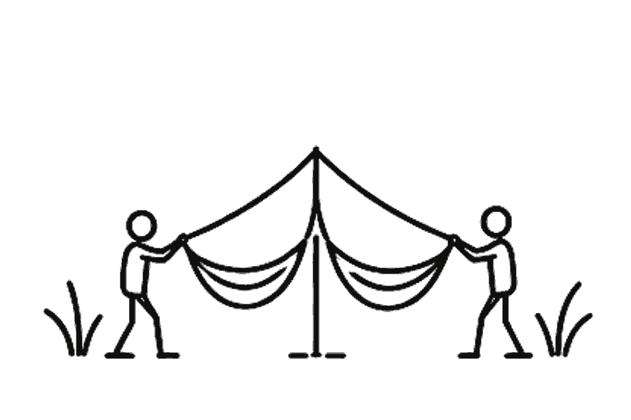 Single-line illustration of adults hanging hammocks beneath a rainforest camp shelter.