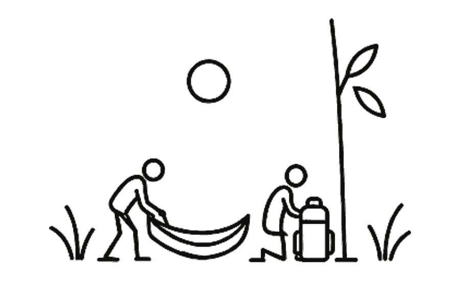 Single-line illustration of adults packing hammocks and rucksacks beneath rainforest leaves.
