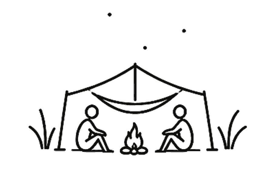 Single-line illustration of a hammock camp and small fire beneath rainforest leaves at night.