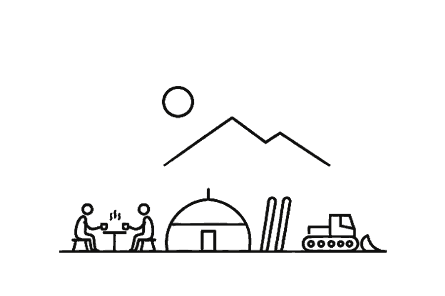 Single-line illustration of adults preparing ski equipment beside a mountain guesthouse.