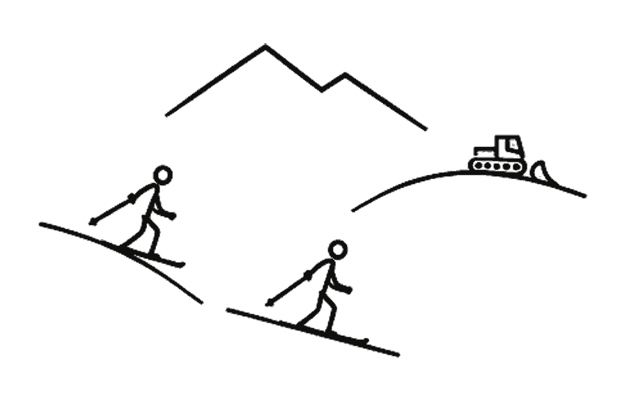 Single-line illustration of skiers descending remote slopes reached by snowcat.