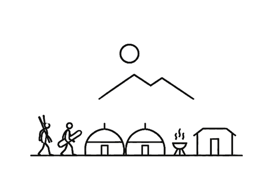 Single-line illustration of adults gathering for dinner beside a mountain yurt.