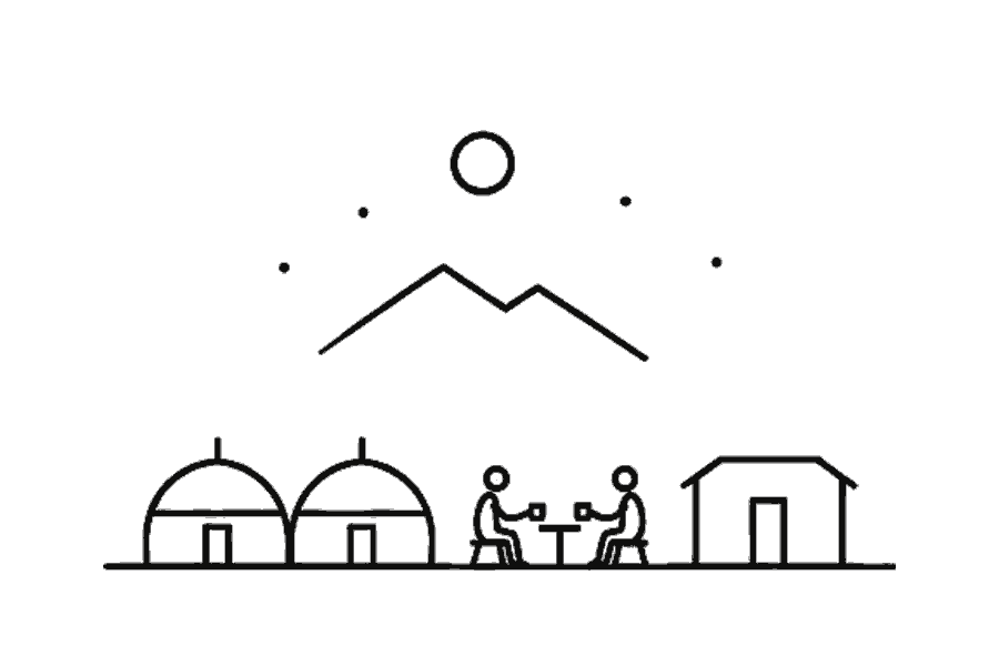 Single-line illustration of a shared yurt and small mountain hotel at night.