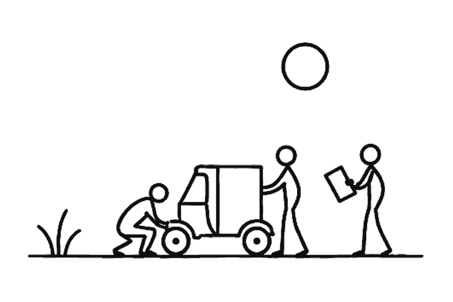 Single-line illustration of adults checking a Tuk-Tuk after a route briefing.
