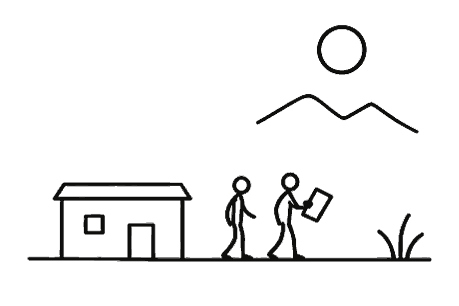 Single-line illustration of a small mountain hotel beneath a night sky.