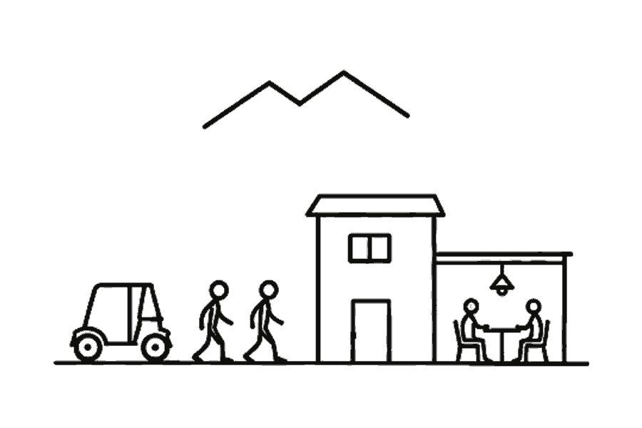 Single-line illustration of adults parking a Tuk-Tuk beside a mountain hotel.