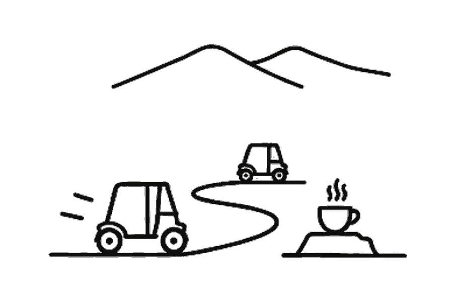 Single-line illustration of a Tuk-Tuk travelling along a high mountain road.