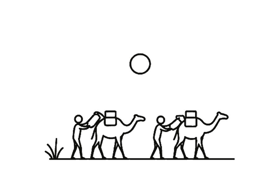 Single-line illustration of adults preparing to walk as a camel is loaded in the desert.