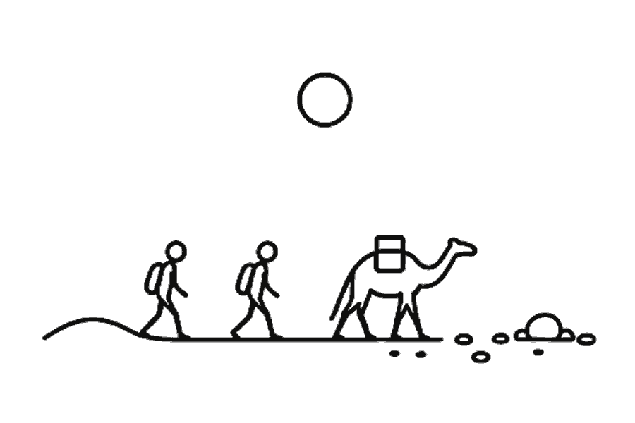 Single-line illustration of adults walking between dunes and stony desert ground.
