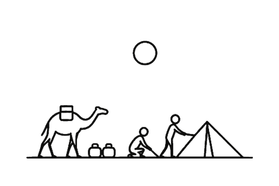 Single-line illustration of adults making a tented camp among desert dunes before sunset.