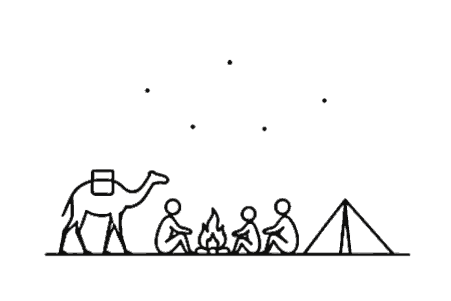Single-line illustration of adults beside a desert campfire beneath stars.