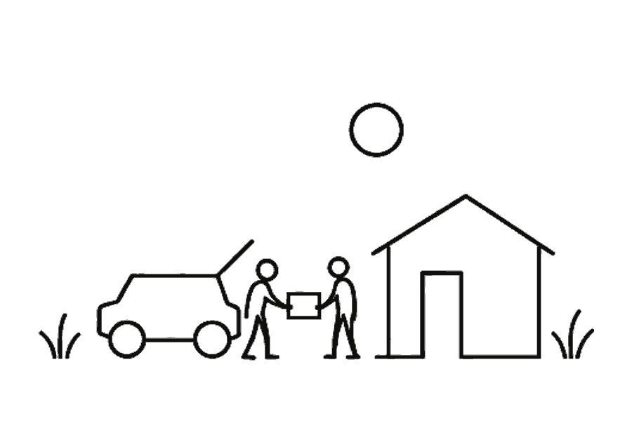 Single-line illustration of travellers stopping for the day beneath a setting sun.