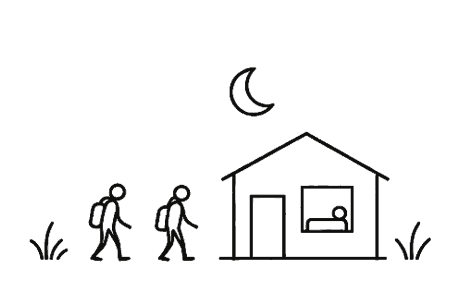 Single-line illustration of travellers arriving at a simple local place to stay.