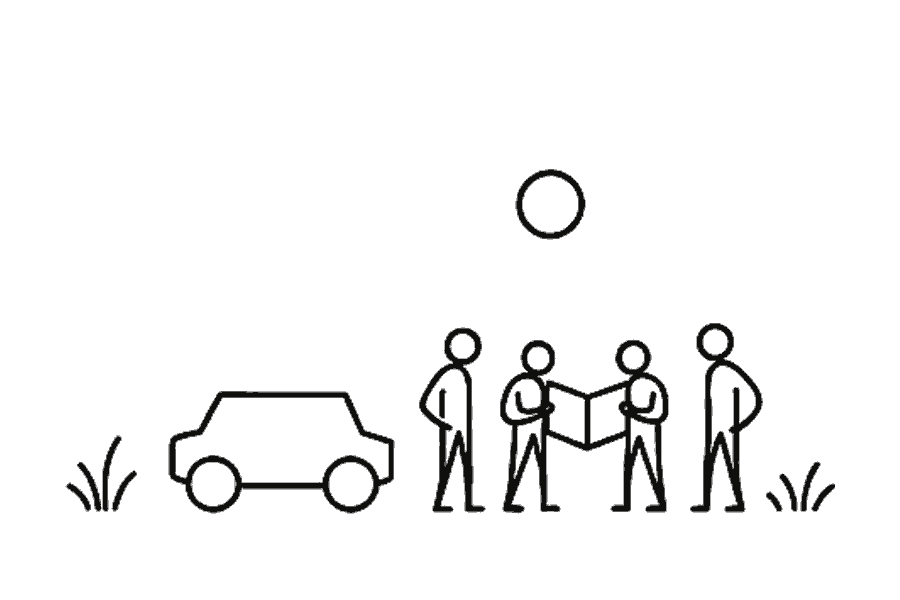 Single-line illustration of adults and a guide looking over a route map together.