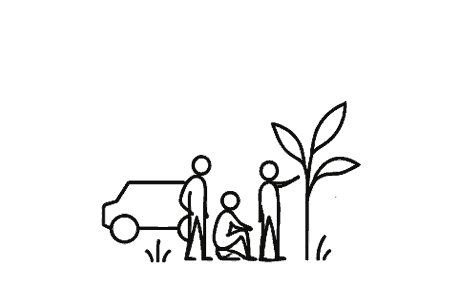 Single-line illustration of travellers moving along a road in local transport.